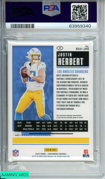 2020 PANINI CONTENDERS JUSTIN HERBERT #JHE RK TKT SWATCH-VAR PSA AUTH AU MINT 9 63959340