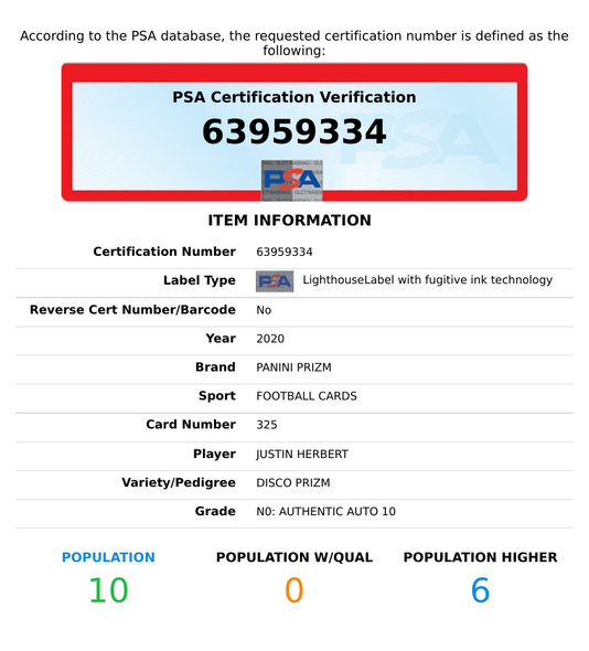 2020 PANINI PRIZM JUSTIN HERBERT #325 DISCO PRIZM RC PSA AUTH AUTO GEM MT 10 63959334