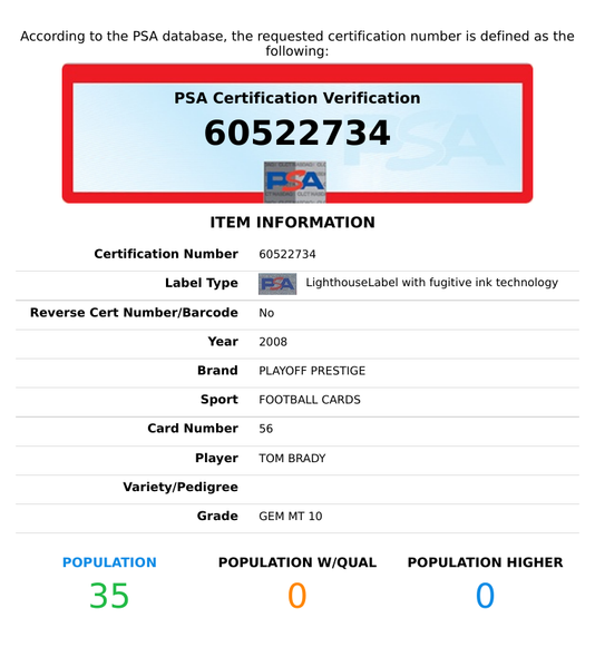2008 PLAYOFF PRESTIGE TOM BRADY #56 NEW ENGLAND PATRIOTS PSA 10 GEM MT 60522734