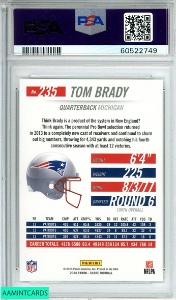 2014 PANINI SCORE TOM BRADY #235 NEW ENGLAND PATRIOTS PSA 10 GEM MT 60522749