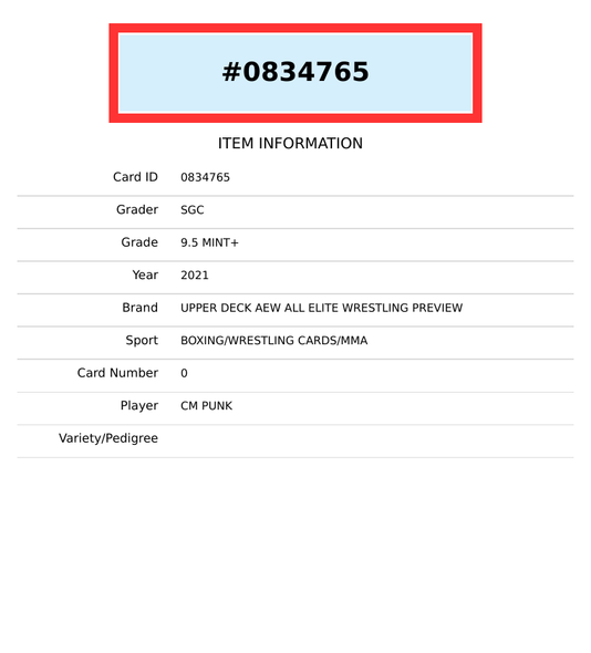 2021 UPPER DECK AEW ALL ELITE WRESTLING PREVIEW CM PUNK #0 SGC 9.5 MINT+ 0834765