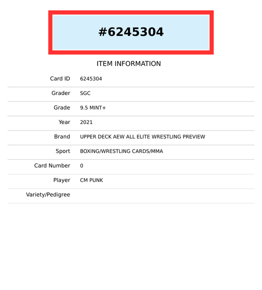 2021 UPPER DECK AEW ALL ELITE WRESTLING PREVIEW CM PUNK #0 SGC 9.5 MT+ 6245304