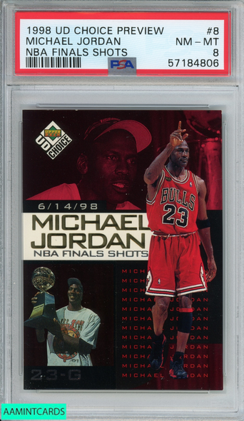 1998 UD CHOICE PREVIEW NBA FINALS SHOT MICHAEL JORDAN #8 BULLS HOF PSA 8 NM-MT 57184806