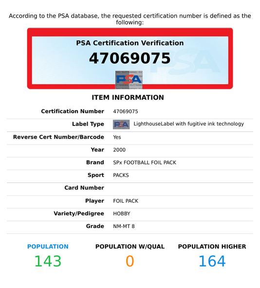 2000 SPX FOOTBALL FOIL PACK FOIL PACK # HOBBY PSA 8 NM-MT 47069075