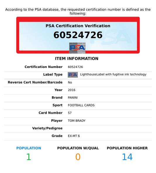 2016 PANINI TOM BRADY #57 NEW ENGLAND PATRIOTS PSA 6 EX-MT 60524726