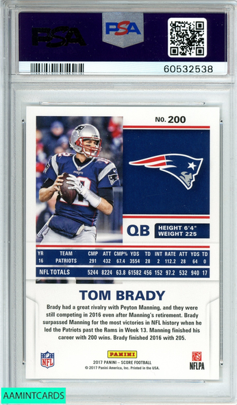 2017 PANINI SCORE TOM BRADY #200 NEW ENGLAND PATRIOTS PSA 10 GEM MT 60532538