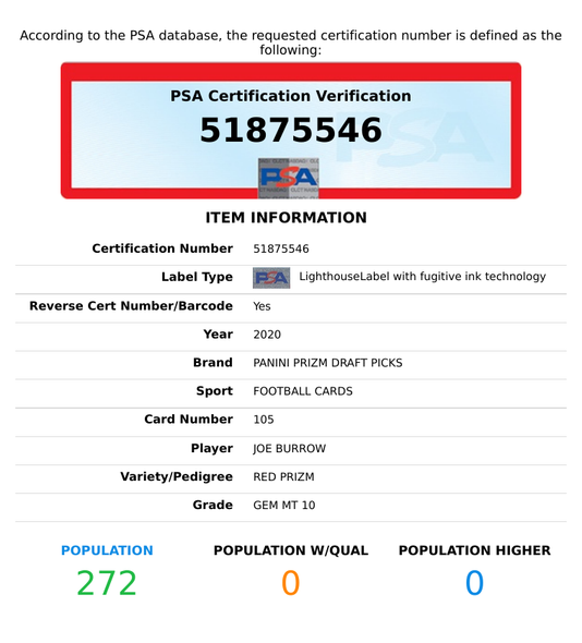 2020 PANINI PRIZM DP JOE BURROW #105 RED PRIZM BENGALS ROOKIE RC PSA 10 GEM MT 51875546