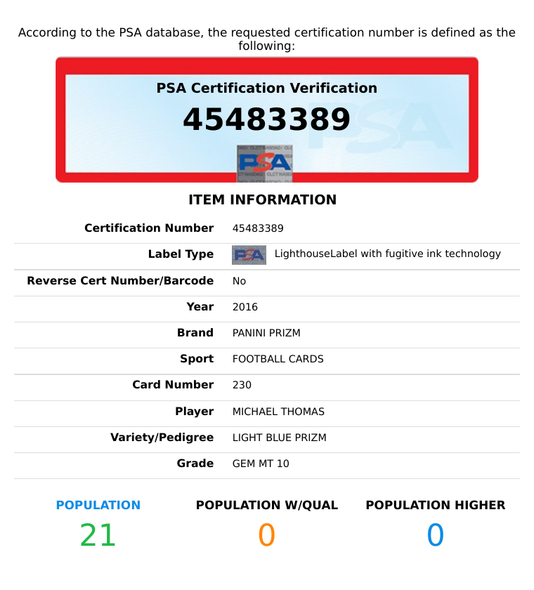 2016 PANINI PRIZM MICHAEL THOMAS#230 LIGHT BLUE PRIZM 81 OF 199 RC PSA 10 GEM MT 45483389