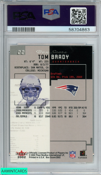 2002 FLEER BOX SCORE TOM BRADY #22 NEW ENGLAND PATRIOTS PSA 9 MINT 58704863