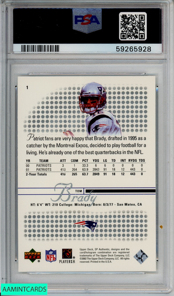 2002 SP AUTHENTIC TOM BRADY #1 NEW ENGLAND PATRIOTS PSA 8 NM-MT 59265928