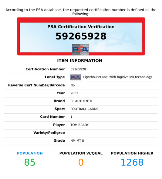 2002 SP AUTHENTIC TOM BRADY #1 NEW ENGLAND PATRIOTS PSA 8 NM-MT 59265928