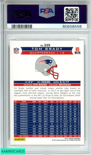 2013 PANINI SCORE TOM BRADY #239 NEW ENGLAND PATRIOTS PSA 10 GEM MT 60658556