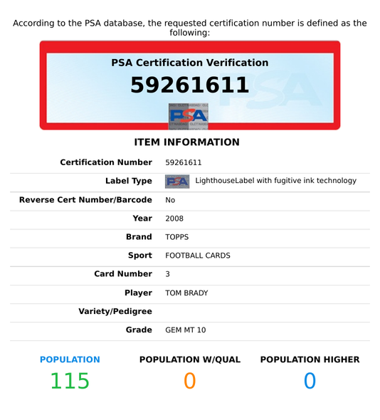 2008 TOPPS TOM BRADY #3 NEW ENGLAND PATRIOTS PSA 10 GEM MT 59261611