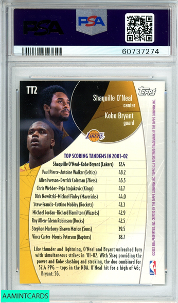 2002 TOPPS KOBE BRYANT SHAQUILLE ONEAL#TT2 TOP TANDEMS LA LAKERS PSA 10 GEM MT 60737274