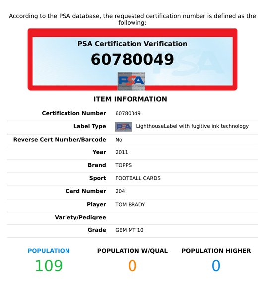 2011 TOPPS TOM BRADY #204 NEW ENGLAND PATRIOTS PSA 10 GEM MT 60780049