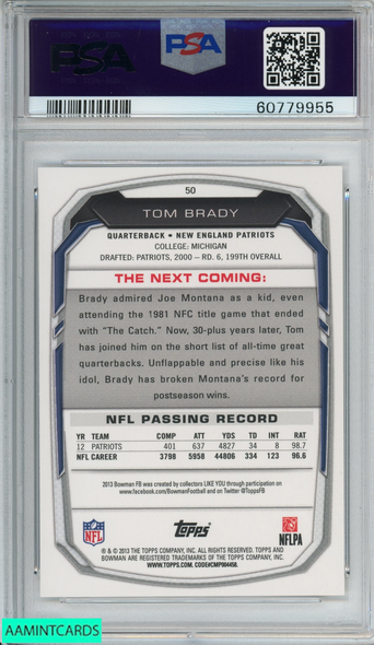 2013 BOWMAN TOM BRADY #50 NEW ENGLAND PATRIOTS PSA 10 GEM MT 60779955