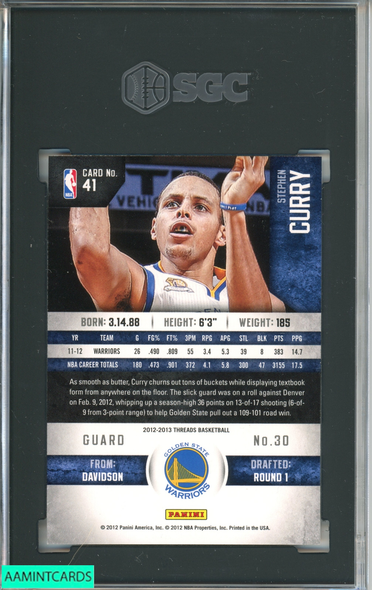 2012 PANINI THREADS STEPHEN CURRY #41 GOLDEN STATE WARRIORS SGC 9.5 MT+ 4887080