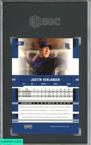 2005 PLAYOFF PRESTIGE JUSTIN VERLANDER #151 ROOKIE RC DETROIT TIGERS SGC 9 MT 7427838