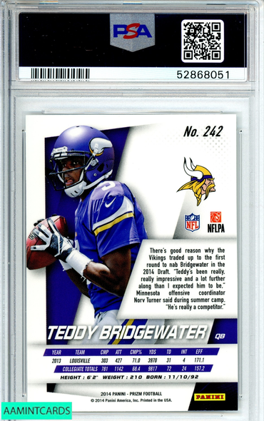 2014 PANINI PRIZM TEDDY BRIDGEWATER #242 TWO HANDS ON BALL SIDE ROOKIE RC PSA 9 52868051