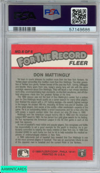 1989 FLEER FOR THE RECORD DON MATTINGLY #6 NEW YORK YANKEES PSA 9 MINT 57149686