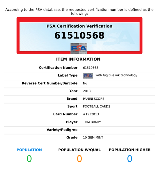 2013 PANINI SCORE TOM BRADY #123 PATRIOTS PSA 10 GEM MT 61510568
