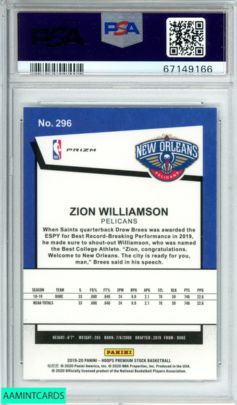 2019 PANINI HOOPS PREMIUM STOCK ZION WILLIAMSON #296 SILVER PRIZM RC PSA 9 MINT 67149166