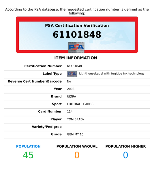 2003 ULTRA TOM BRADY #114 NEW ENGLAND PATRIOTS PSA 10 GEM MT 61101848