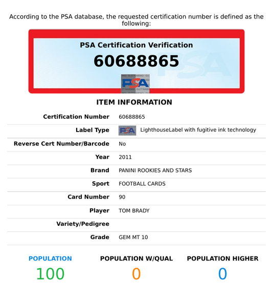 2011 PANINI ROOKIES AND STARS TOM BRADY #90 NEW ENGLAND PATRIOTS PSA 10 GEM MT 60688865