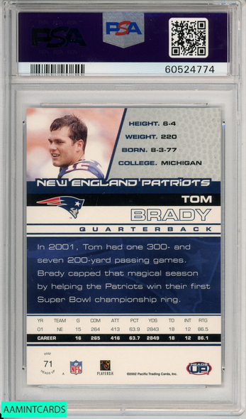 2002 PACIFIC HEADS UP TOM BRADY #71 NEW ENGLAND PATRIOTS PSA 8 NM-MT 60524774