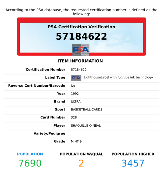 1992 ULTRA SHAQUILLE ONEAL #328 ROOKIE RC ORLANDO MAGIC HOF PSA 9 MINT 57184622