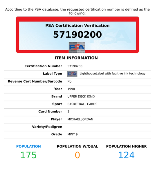 1998 UPPER DECK IONIX MICHAEL JORDAN #2 CHICAGO BULLS HOF PSA 9 MINT 57190200