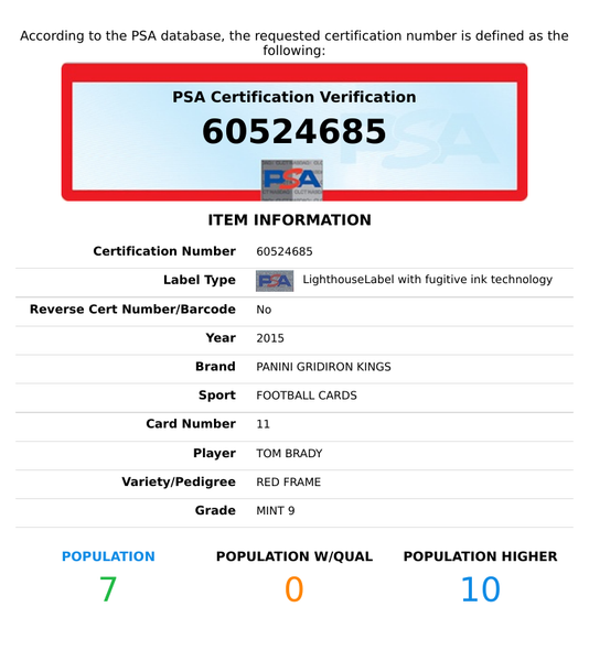 2015 PANINI GRIDIRON KINGS TOM BRADY #11 RED FRAME PATRIOTS PSA 9 MINT 60524685