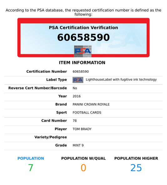 2016 PANINI CROWN ROYALE TOM BRADY #78 NEW ENGLAND PATRIOTS PSA 9 MINT 60658590