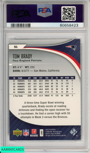 2006 SP AUTHENTIC TOM BRADY #51 NEW ENGLAND PATRIOTS PSA 9 MINT 60658423