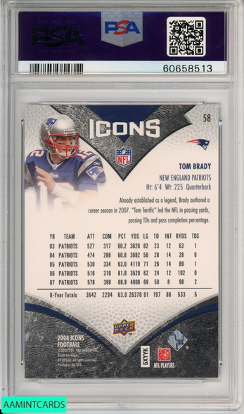 2008 UPPER DECK ICONS TOM BRADY #58 NEW ENGLAND PATRIOTS PSA 9 MINT 60658513