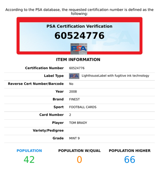 2008 FINEST TOM BRADY #2 NEW ENGLAND PATRIOTS PSA 9 MINT 60524776