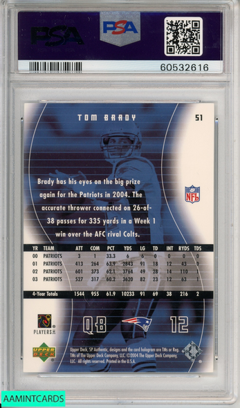 2004 SP AUTHENTIC TOM BRADY #51 NEW ENGLAND PATRIOTS PSA 9 MINT 60532616