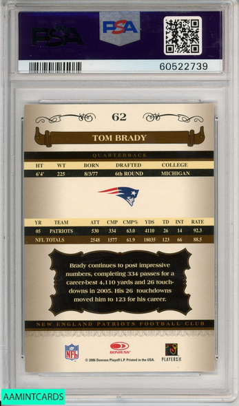 2006 DONRUSS CLASSICS TOM BRADY #62 NEW ENGLAND PATRIOTS PSA 9 MINT 60522739