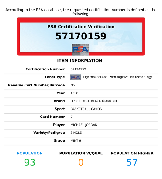 1998 UPPER DECK BLACK DIAMOND MICHAEL JORDAN #7 SINGLE CHICAGO BULLS PSA 9 MINT 57170159