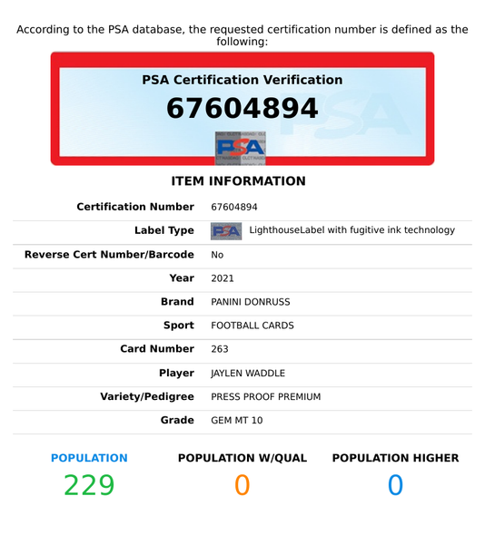 2021 PANINI DONRUSS JAYLEN WADDLE #263 PRESS PROOF PREMIUM RC PSA 10 GEM MT 67604894