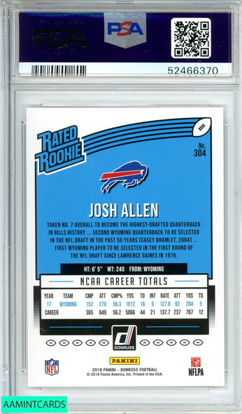 2018 PANINI DONRUSS JOSH ALLEN #304 BUFFALO BILLS ROOKIE RC PSA 9 MINT 52466370