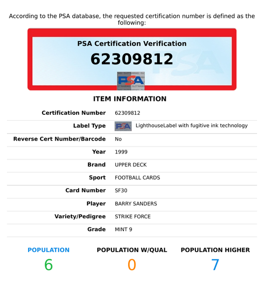 1999 UPPER DECK STRIKE FORCE BARRY SANDERS #SF30 DETROIT LIONS HOF PSA 9 MINT 62309812