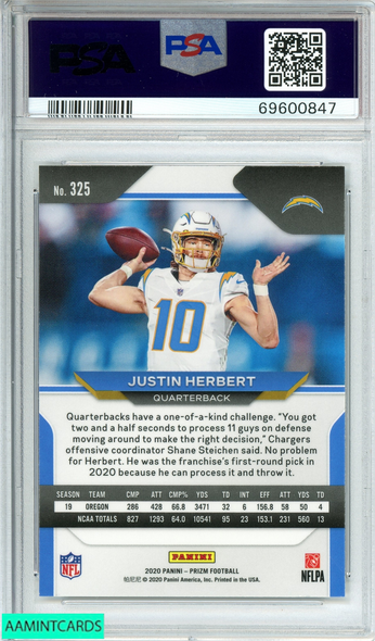 2020 PANINI PRIZM JUSTIN HERBERT #325 LOS ANGELES CHARGERS RC PSA 10 GEM MT 69600847