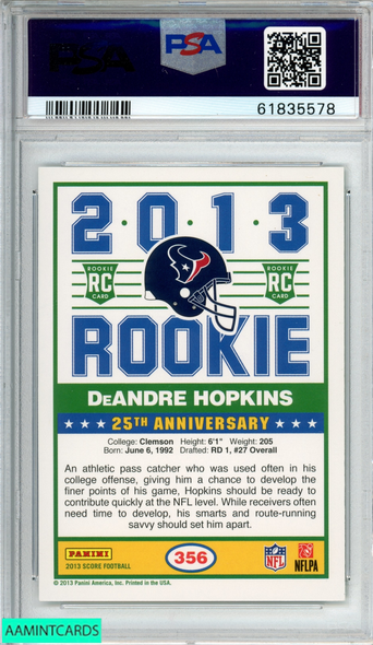 2013 PANINI SCORE DEANDRE HOPKINS #356 ROOKIE RC HOUSTON TEXANS PSA 9 MINT 61835578