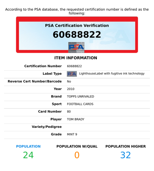 2010 TOPPS UNRIVALED TOM BRADY #80 NEW ENGLAND PATRIOTS PSA 9 MINT 60688822