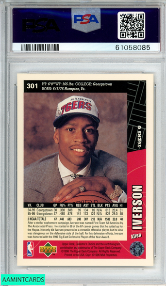 1996 COLLECTORS CHOICE ALLEN IVERSON #301 ROOKIE RC 76ERS HOF PSA 9 MINT 61058085