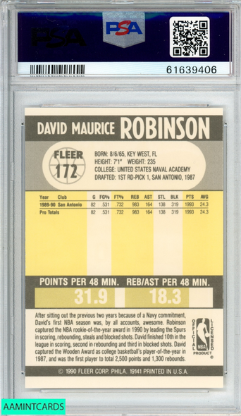 1990 FLEER DAVID ROBINSON #172 SAN ANTONIO SPURS HOF PSA 9 MINT 61639406