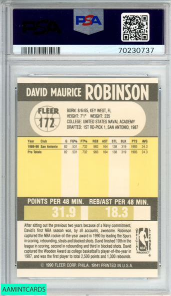 1990 FLEER DAVID ROBINSON #172 SAN ANTONIO SPURS HOF PSA 7 NM 70230737