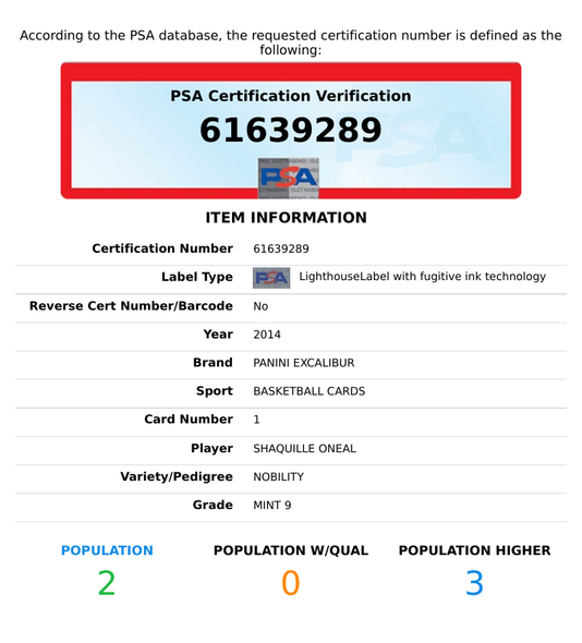 2014 PANINI EXCALIBUR NOBILITY SHAQUILLE ONEAL #1 LA LAKERS HOF PSA 9 MINT 61639289