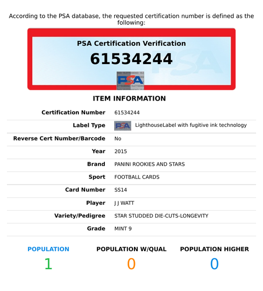 2015 PANINI ROOKIES STARS JJ WATT #SS14 STAR STUDDED  LONGEVITY PSA 9 MT POP 1 61534244